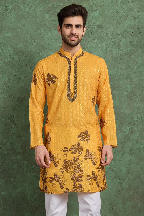 Mustard Yellow Cotton Rayon Men's Kurta With Zari Work For Festival