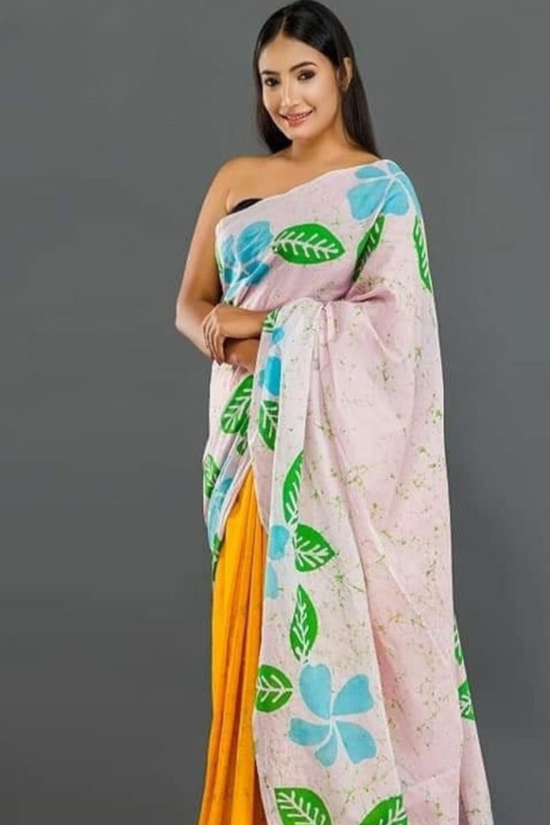 Mustard Yellow Cotton Saree With Printed Work For Casual Wear