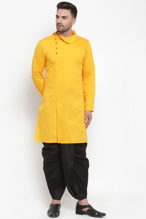 Mustard Yellow Cotton Side Slit Men's Kurta Dhoti