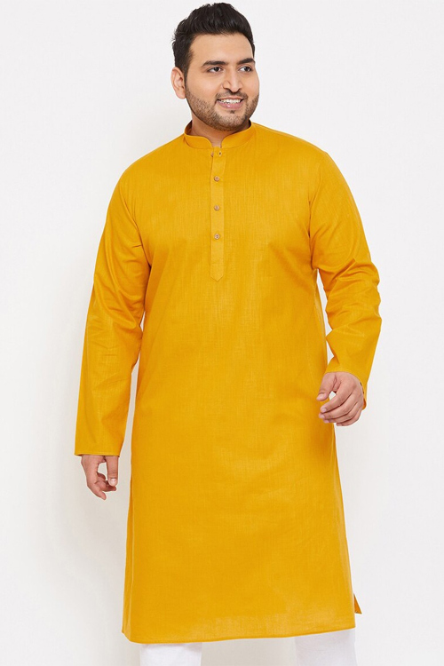 Mustard Yellow Cotton Silk Men's Kurta Chuidar For Festival