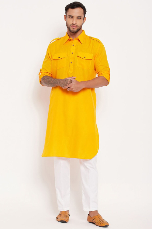 Mustard Yellow Cotton Silk Men's Kurta Pajama For Festival