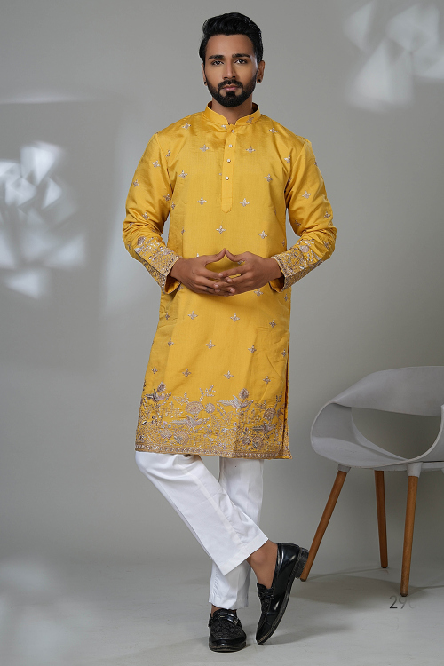 Mustard Yellow Cotton Silk Men's Kurta Pajama With Sequins Work