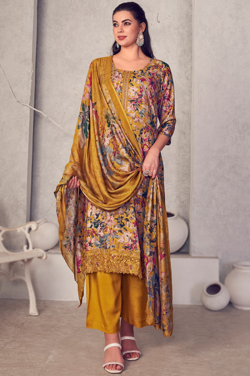 Mustard Yellow Cotton Silk Printed Casual Wear Palazzo Suit