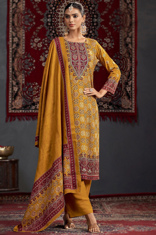 Mustard Yellow Cotton Silk Printed Straight Cut Trouser Suit 