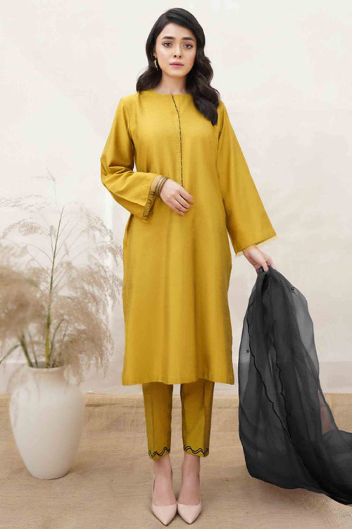 Mustard Yellow Cotton Silk Straight Cut Plain Trouser Suit for Eid