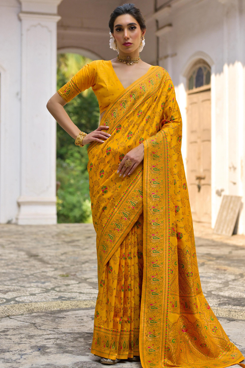 Mustard Yellow Cotton Silk Weaved Broad Border Saree 