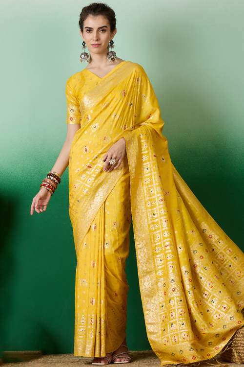 Yellow Cotton Silk Woven Zari Broad Border Saree