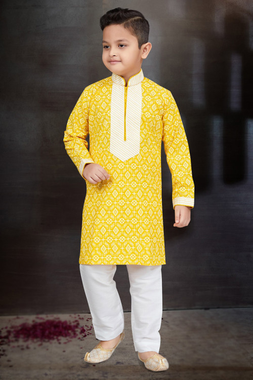 Mustard Yellow Cotton Straight Cut Printed Boy's Kurta Pajama 