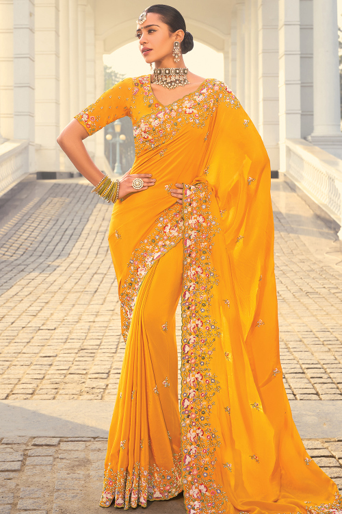 Mustard Yellow Crepe Embroidered Saree For Festival
