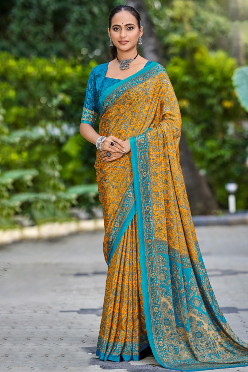 Mustard Yellow Crepe Printed Saree For Casual Wear