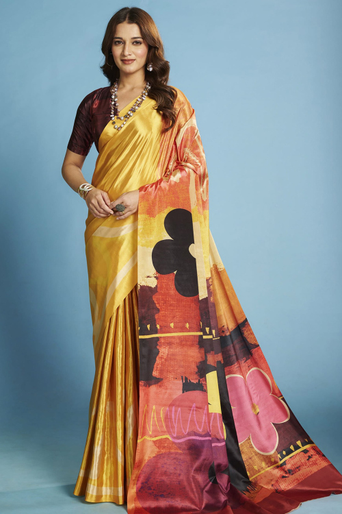 Mustard Yellow Crepe Saree With Printed Work For Festival