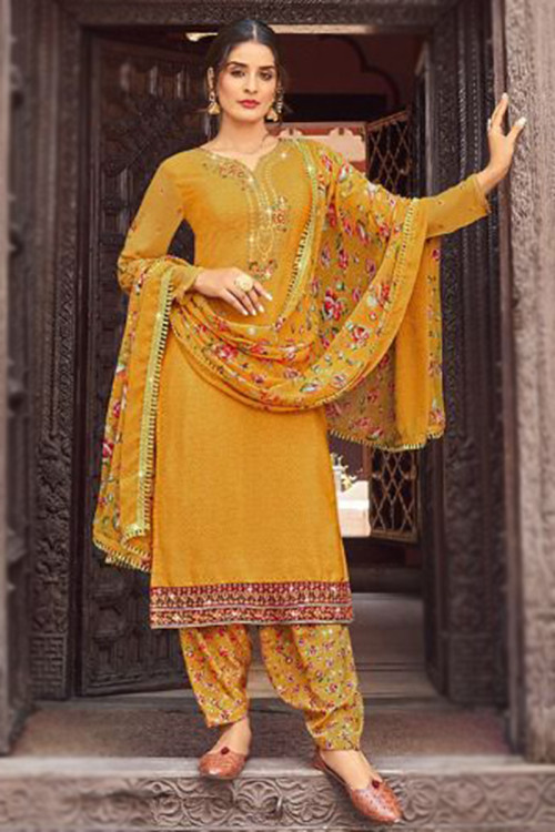Mustard Yellow Crepe Traditional Trouser Suit with Zari Work
