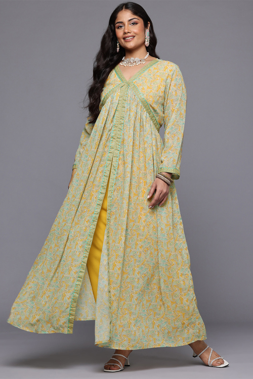 Mustard Yellow Crepe Trouser Suit With Printed Work
