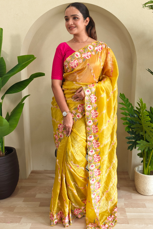 Mustard Yellow Crush Silk Saree With Cut Work For Festival
