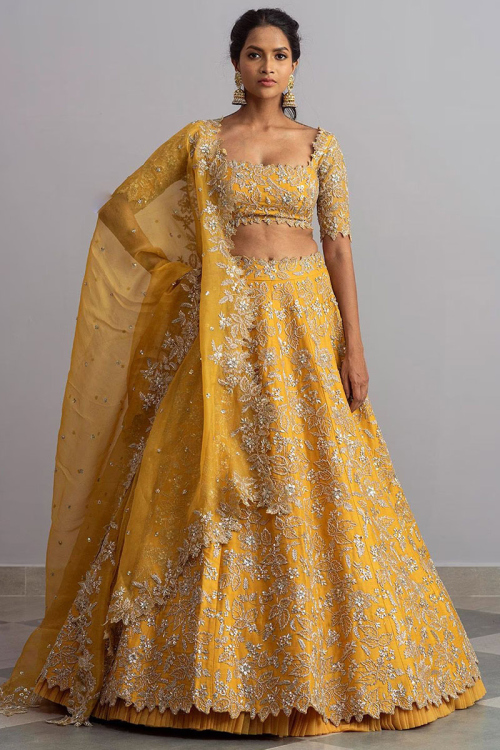 Mustard Yellow Dabka Embroidered Silk Panelled Style Lehenga