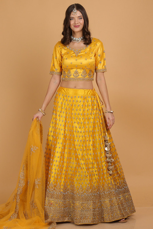 Yellow Color Lehenga On Muskan Cotton With Embroidery Work - Ethnic Race