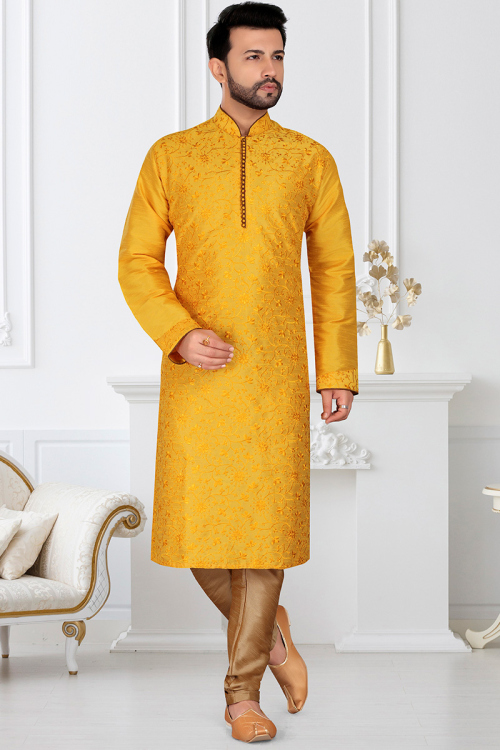 Mustard Yellow Dupion Silk Embroidered Men Kurta Pajama
