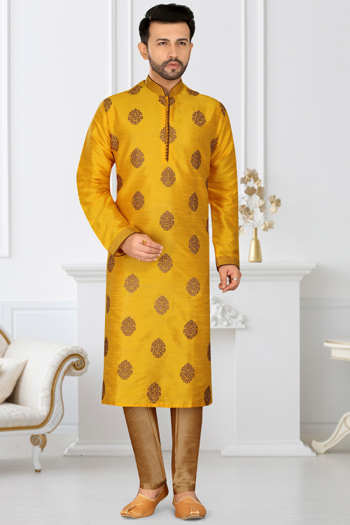 Mustard Yellow Dupion Silk Embroidered Men's Kurta Pajama 