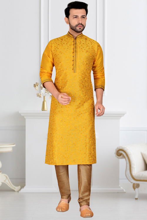 Mustard Yellow Dupion Silk Embroidered Kurta Pajama for Men