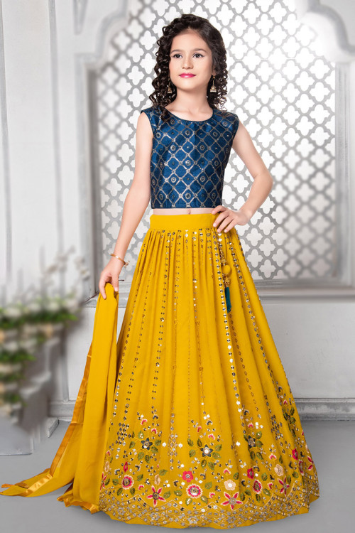 Mustard Yellow Embroidered Georgette Flared Style Lehenga