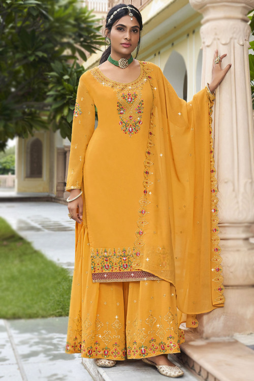 Mustard Yellow Embroidered Georgette Sharara Suit For Haldi 
