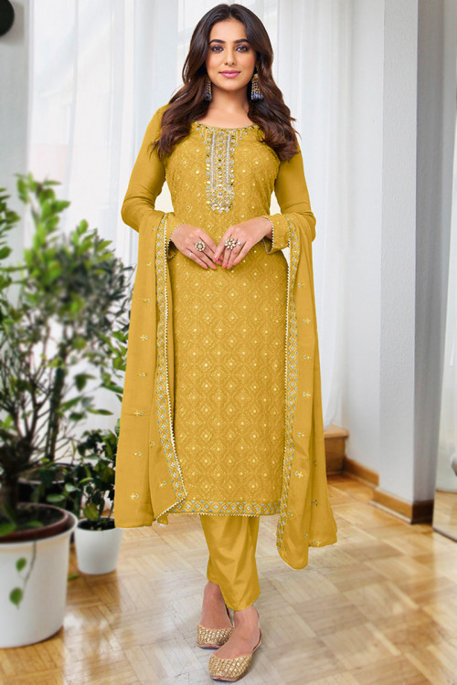 Mustard Yellow Embroidered Georgette Trouser Suit