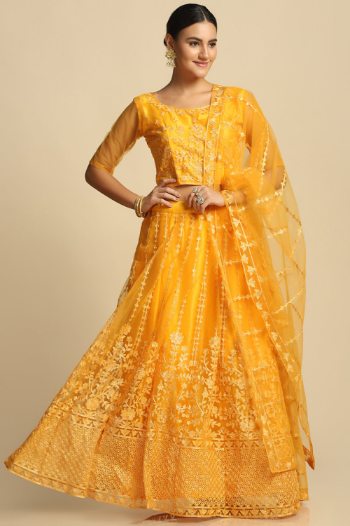 Mustard Yellow Embroidered Net Panelled Style Lehenga