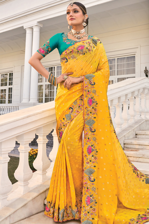 Mustard Yellow Embroidered Silk Blend Saree For Wedding 
