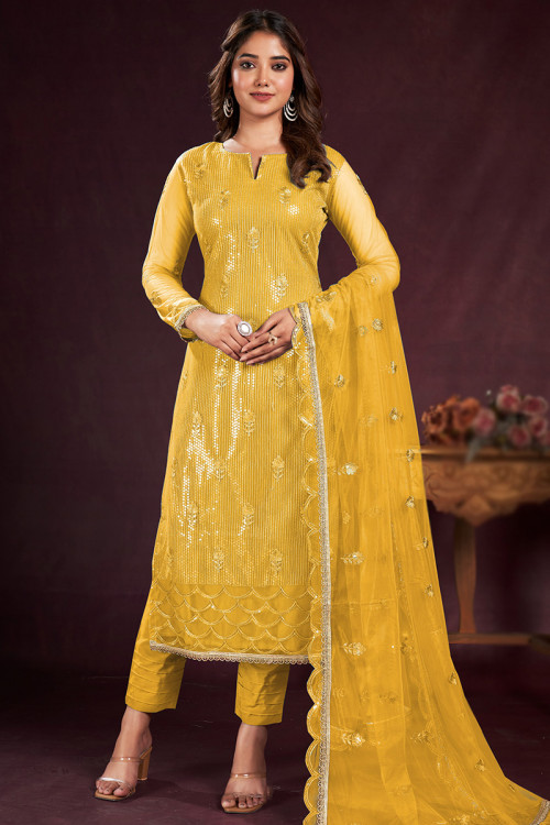 Mustard Yellow Embroidered Straight Cut Net Trouser Suit