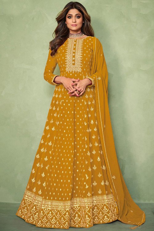Buy Straight Cut Yellow Thread Work Plus Size Anarkali Dresses