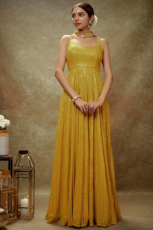 Mustard Yellow Georgette Anarkali Suit with Sequins Work For Haldi