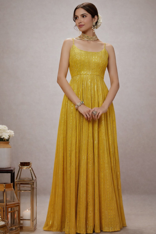 Mustard Yellow Georgette Anarkali Suit with Sequins Work For Haldi