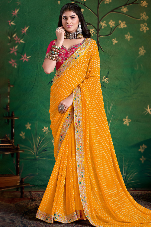 Mustard Yellow Georgette Bandhej Print Light Weight Saree