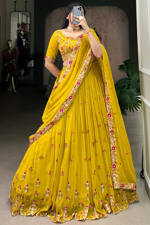 Mustard Yellow Georgette Ready to Wear Embroidered Lehenga For Wedding