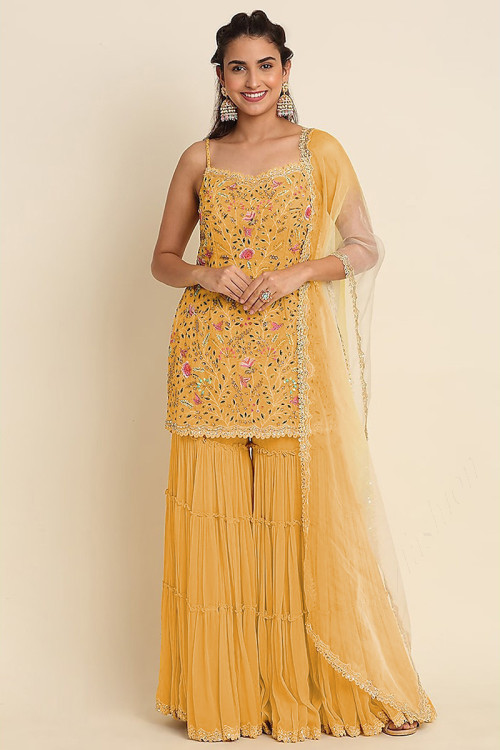 Traditional Sharara Suit in Georgette Mustard Yellow for Wedding 