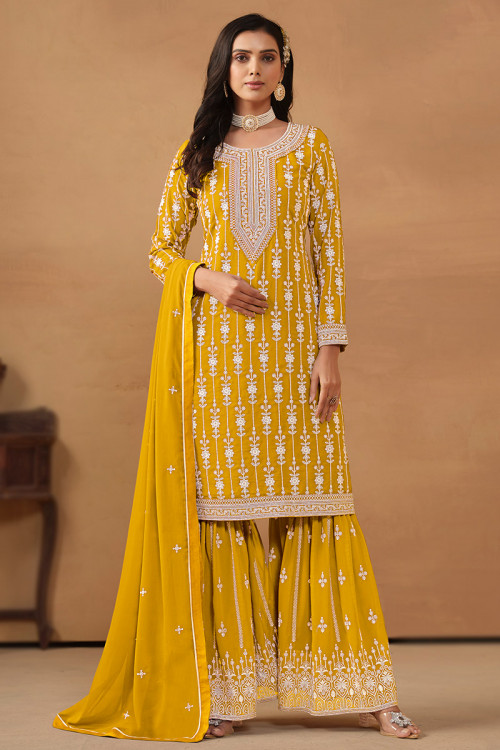 Mustard Yellow Georgette Embroidered Sharara Suit