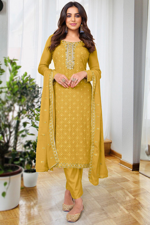 Mustard Yellow Georgette Embroidered Trouser Suit 