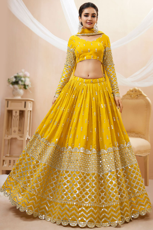 Mustard Yellow Georgette Lehenga with Faux Mirror Work 