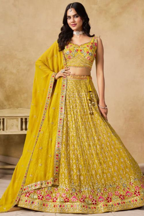 Mustard Yellow Georgette Lehenga With Sequins Work For Festival