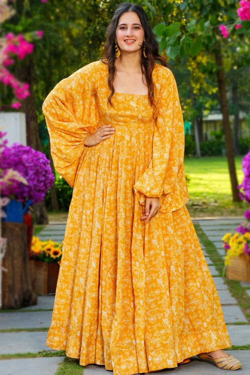 Mustard Yellow Georgette Printed Ready to Wear Anarkali Gown