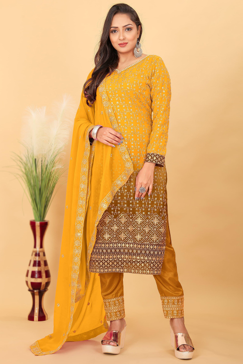 Mustard Yellow Georgette Printed Straight Cut Trouser Suit