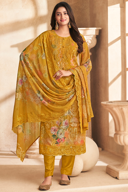 Mustard Yellow Georgette Printed Straight Cut Trouser Suit 