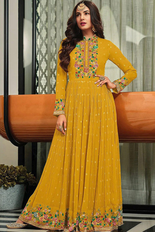 Mustard Yellow Georgette Resham Embroidered Anarkali Suit