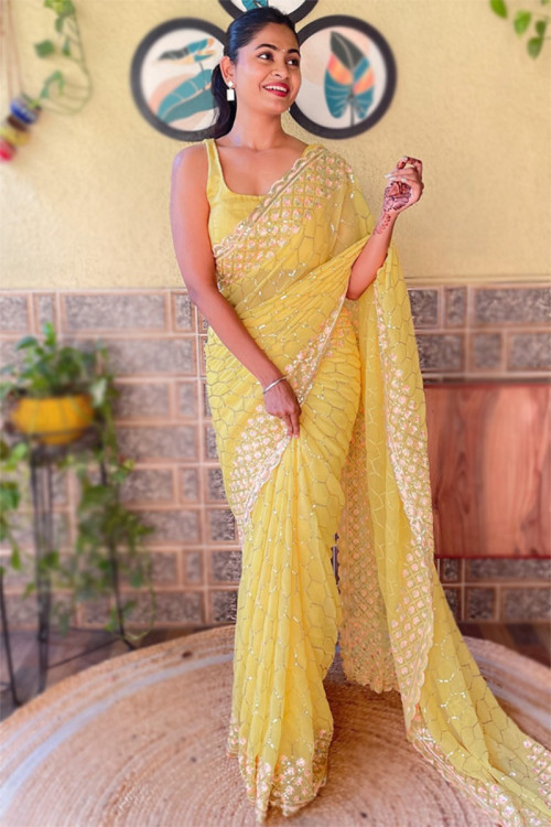 Yellow saree for haldi ceremony new arrivals