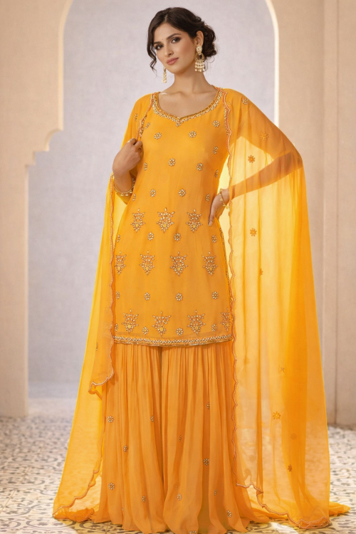 Mustard Yellow Georgette Sharara Suit with Pearl Work For Haldi