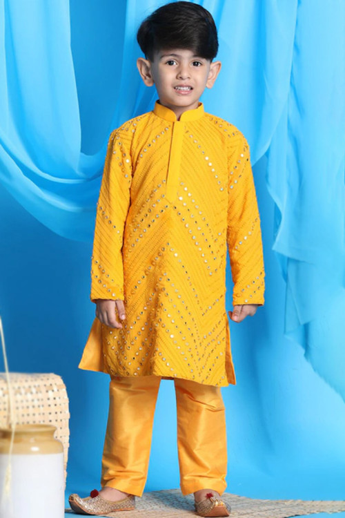 Mustard Yellow Georgette Straight Cut Resham Thread Embroidered Boy's Kurta Pajama