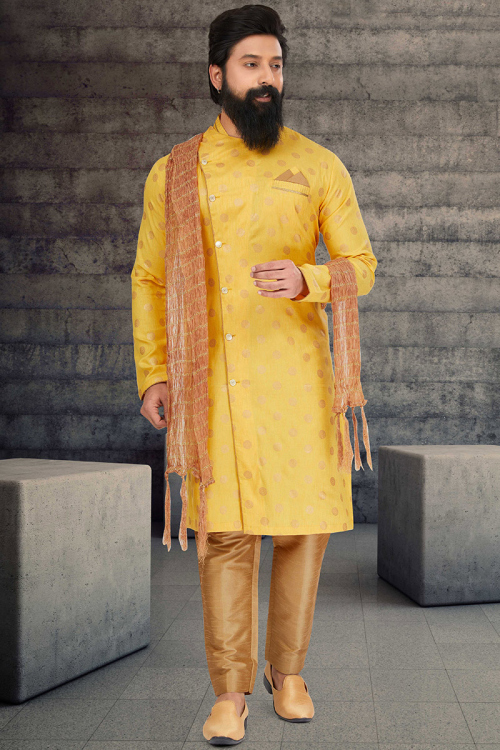 Mustard Yellow Indo-Western Cotton Silk Men's Sherwani 
