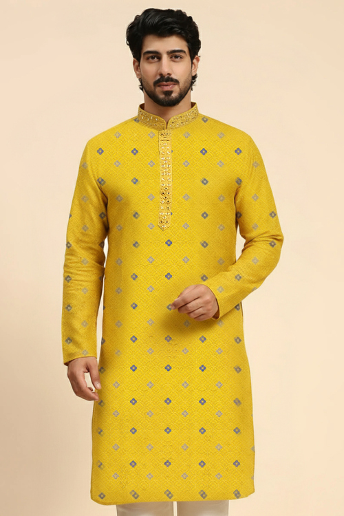 Mustard Yellow Jacquard Men Kurta With Weaved Work For Wedding