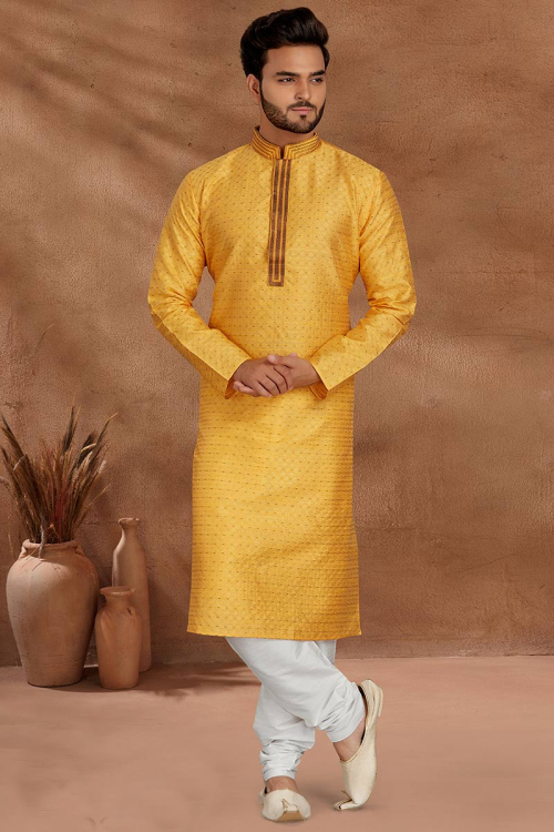 Wedding Wear Mirror Embroidered Men Kurta Pajama in Silk Red