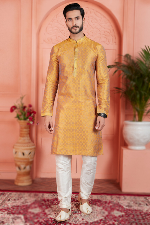 Mustard Yellow Jacquard Weaved Straight Cut Men's Kurta Churidar 